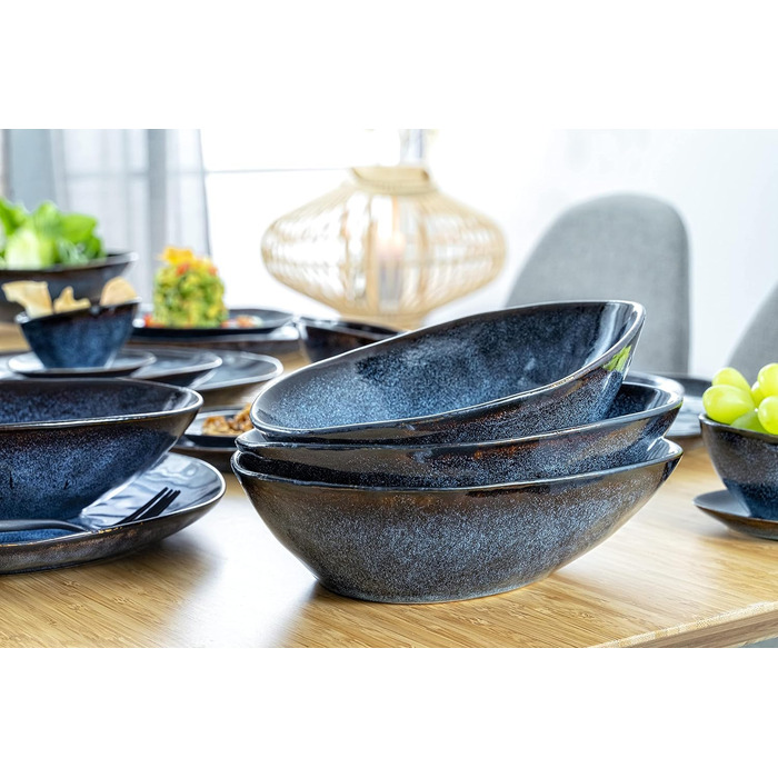 СПІВАЧКА Тарілка для пасти Токіо 4 шт., Тарілка для спагетті 4 персони, Набір посуду з кераміки Макарони, Тарілка з локшиною Можна мити в посудомийній машині, Миска для макаронів ручної роботи, Миска для макаронів синьо-чорна з коричневими вставками Набір