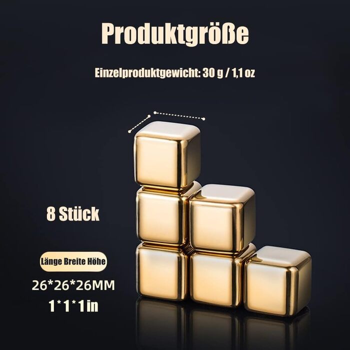 Набір каменів для віскі з нержавіючої сталі 8 шт золотисті sinzau