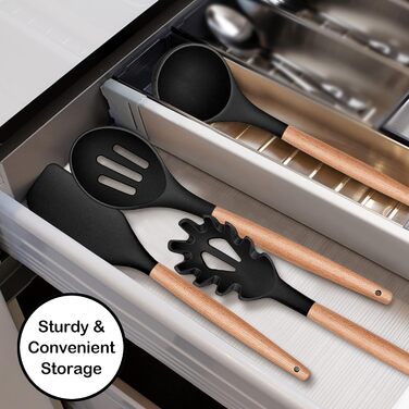 Набір кухонного посуду Herogo, набір силіконового кухонного посуду з 6 предметів, посуд для ложки з антипригарним шпателем з дерев'яною ручкою, термостійкі кухонні інструменти для посуду з антипригарним покриттям, легко чиститься чорний 6