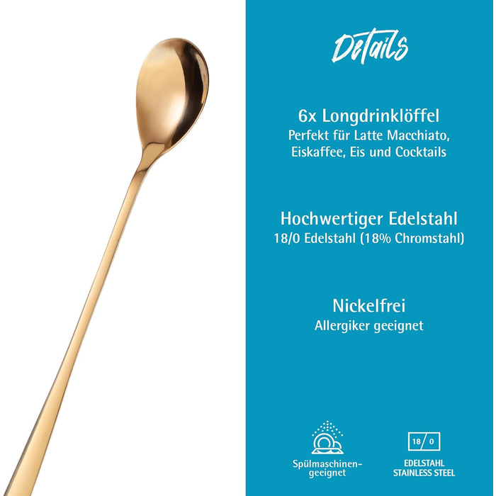 Набір ложок GRWE для лате макіато, золотий, 6 предметів, 22 см, довгі ложки, ложки для коктейлів, десертні ложки, ложки для морозива, ложки для кави з льодом, нержавіюча сталь, можна мити в посудомийній машині (золотий)