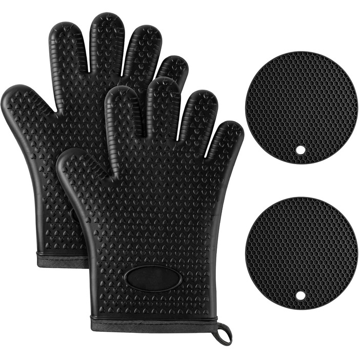 Набір рукавичок для духовки AUAUY, 1 пара силіконових рукавичок для духовки з 2 тримачами для каструль, нековзні кулінарні рукавички, термостійкі рукавички для духовки, рукавички для кухні, приготування їжі, випічки, гриля, барбекю (чорні-п&39ять пальців)