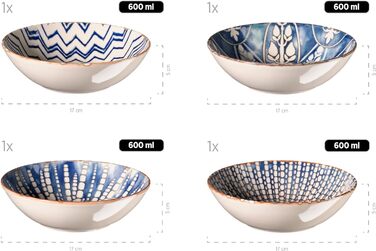 Предметів для 4 осіб у мавританському стилі, набір тарілок з різними вінтажними візерунками в білому та синьому кольорах, керамограніт (набір чаш), 934017 Iberico Blue 12