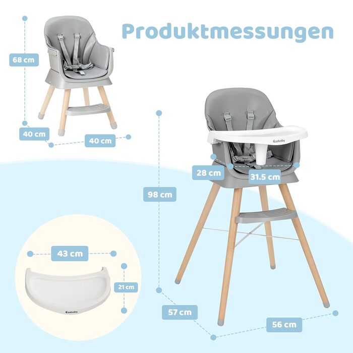 Дитячий стільчик для годування Ezebaby 6 в 1, бустер, барний стілець, багатофункціональний стільчик для годування, дерев&39яні ніжки, з 5-точковим ременем безпеки, підставкою для ніг, знімним підносом для дітей від 6 місяців (сірий)