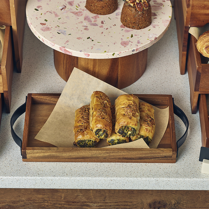 Поднос 32.5*17.5*3.5 см, деревянный, акация, металлические ручки, GenWare