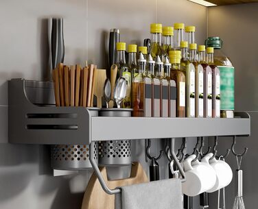 Підвісна підставка для спецій з металу, міцна кухонна полиця, настінна підставка для спецій, органайзер для спецій, кухонний органайзер, підставка для спецій з тримачем для рушників, Daojai, гачки та тримач для столових приборів, сіра, (60 см, сіро-сірий)