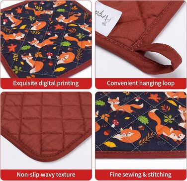 Набір з 2 кухонних рукавиць Arquiel з тримачем для каструлі Gnome Autumn Orange Checked, 100 бавовняні кулінарні рукавички, термостійкі кухонні рукавички для приготування їжі, осінній декор, подарунки для жінок (осіння лисиця, духовка тримач для каструлі)