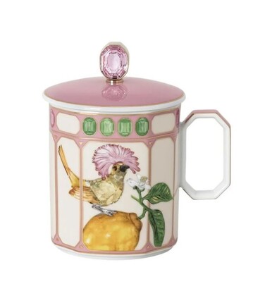 Кухоль з ручкою та кришкою 0,39 л Королівська мухоловка в рожевій рамці, IDYLLIA Swarovski x Rosenthal