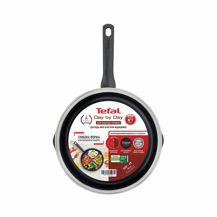 Tefal Сковорода с крышкой Day by Day, 28см, с крышкой, алюминий, бакелит, стекло, черный