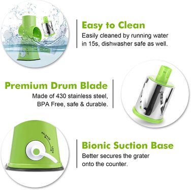 Терка для сиру, Ручна барабанна тертка з 3 знімними барабанними лезами, Овочерізка для швидкого різання, ідеально підходить як терка для картоплі, Терка для горіхів з рукояткою, Подрібнювач горіхів, Подрібнювач мигдалю (Зелений)