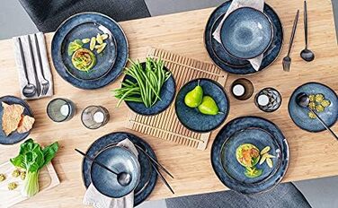 СПІВАЧКА Тарілка для пасти Токіо 4 шт., Тарілка для спагетті 4 персони, Набір посуду з кераміки Макарони, Тарілка з локшиною Можна мити в посудомийній машині, Миска для макаронів ручної роботи, Миска для макаронів синьо-чорна з коричневими вставками Набір