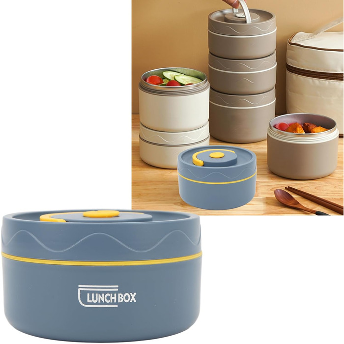 Термоконтейнер Tissting з ручкою, контейнер для гарячого обіду на 420 мл, коробка для обіду Bento, двошаровий портативний термоконтейнер круглої форми з нержавіючої сталі 304 (теплоізоляційна модель синій)
