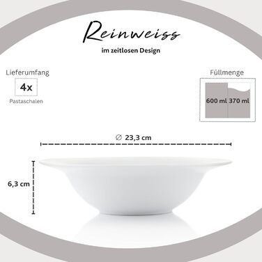 Тарілка для пасти New Port на 4 предмети, набір тарілок для пасти на 4 особи, порцелянова миска для пасти, глибока тарілка, яку можна мити в посудомийній машині, багатофункціональна миска біла 370 мл ПРЕМІУМ КОЛЕКЦІЯ (комбінований набір з 24 предметів)