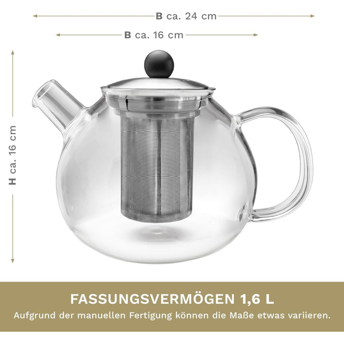 Скляний чайник Creano 1.3 л, скляний чайник із 3 частин із вбудованим ситечком з нержавіючої сталі та скляною кришкою, ідеально підходить для приготування сипучих чаїв, без крапель, моноблок (1,6 л)