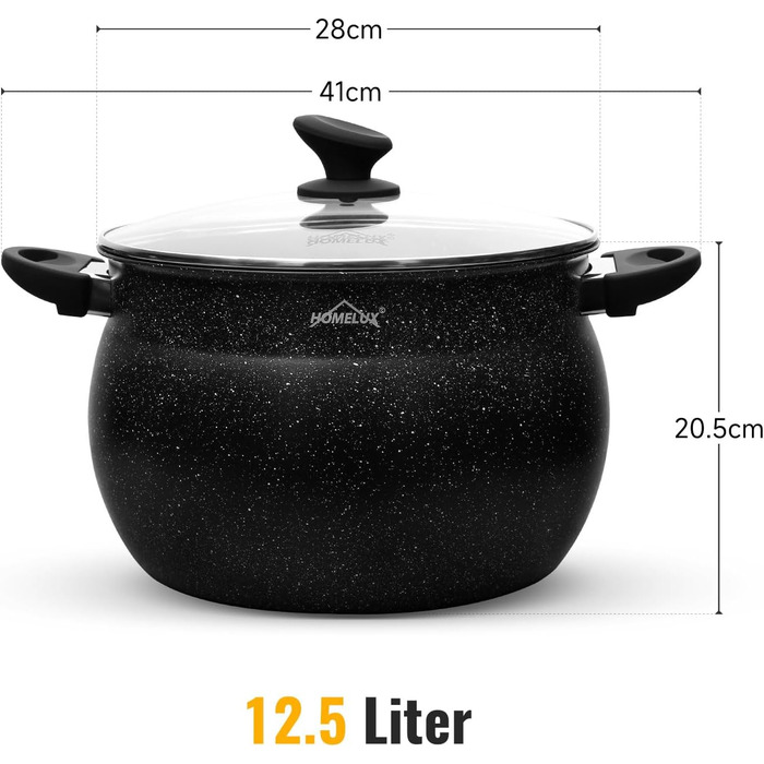 Індукційна каструля Homelux Pot 24 см зі скляною кришкою, антипригарним покриттям, алюмінієва каструля об&39ємом 8 л для всіх типів плит (H-C24) (12,5 л-28 см)