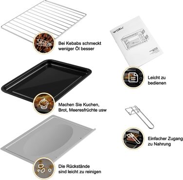 Міні-піч WOLTU 28 л, піч для піци 1600 Вт, 100-230 C, таймер 0-60 хв, 3 режими нагріву, включаючи деко, решітку для гриля, піддон для крихт, підйомник решітки, міні-піч для випікання, запікання, розморожування, нагрівання, чорний колір