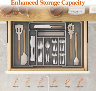 Органайзер для столовых приборов 57 х 38 см для выдвижных ящиков, 9 отделений, серый Lifewit