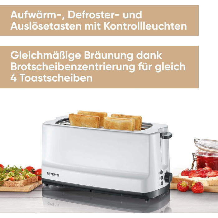 Автоматичний тостер SEVERIN з довгим слотом, 4 тости, автоматичний тостер з насадкою для булочки, тостер з нержавіючої сталі для підсмажування, розморожування та розігріву, 1 400 Вт, білий / сірий, AT 2234 4 скибочки тостів