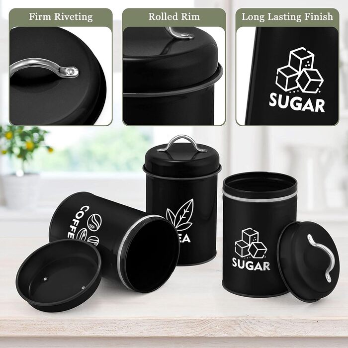 Емкости для хранения чая/кофе/сахара, набор 3 предмета, черные Herogo