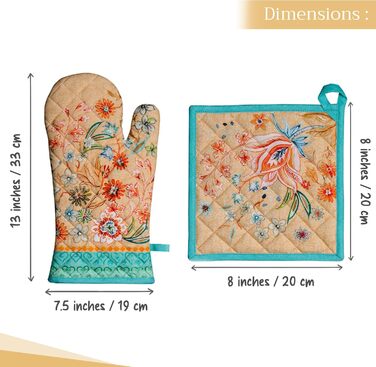 Рукавички для духовки Maison d&39 Hermine, Прихватки для каструль, 100 бавовна, термостійкі кухонні рукавички, рукавички для духовки (19 x 33 см) та прихватки для каструль (20 x 20 см) для приготування їжі, Morzine - Рукавички для духовки (19 x 33 см) та 