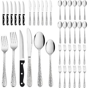 Набор столовых приборов Herogo на 12 человек, набор столовых приборов из нержавеющей стали из 60 предметов с ножом, вилкой, ложкой, элегантная ручка молотка, серебряные столовые приборы для дома / вечеринки / ресторана, сейф для посудомоечной машины, нерж