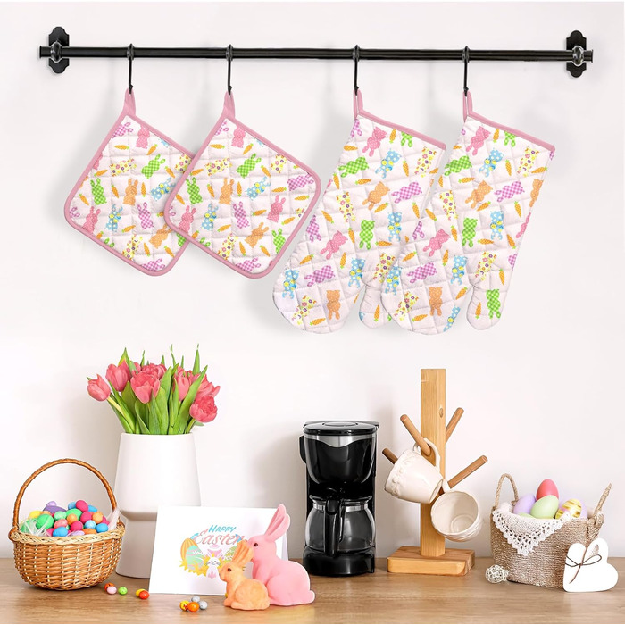 Різдвяний набір із 2 рукавичок для духовки та прихваток Arquiel, 100 бавовняні кулінарні рукавички, термостійкі кухонні рукавички для приготування їжі, різдвяні подарунки на кухню для жінок (Великдень 03, рукавички для духовки*2 прихватки*2)