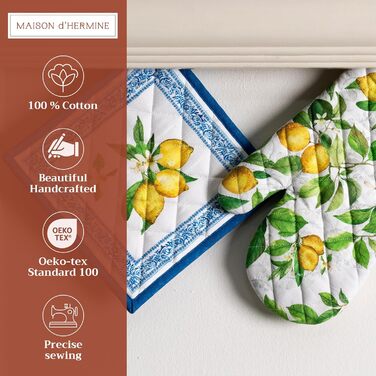 Рукавички для духовки Maison d&39 Hermine, Прихватки для каструль, 100 бавовна, термостійкі кухонні рукавички, рукавички для духовки (19 x 33 см) та прихватки для каструль (20 x 20 см) для приготування їжі, Morzine - Рукавички для духовки (19 x 33 см) та 