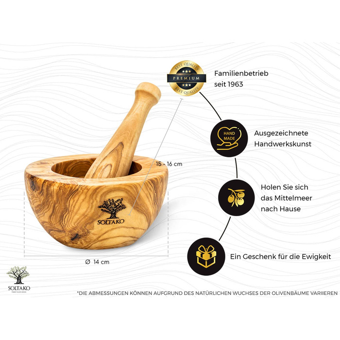 Оливковая ступка и набор пестиков - Ступка - Деревянная ступка - Экологичная ступка для трав и специй Диаметр ок. 12 см (в расплющенном виде Ø 14 см)