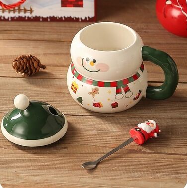 Різдвяний кухоль 400 мл з кришкою та ложкою, Сніговик в зеленій шапці VollfitYYu