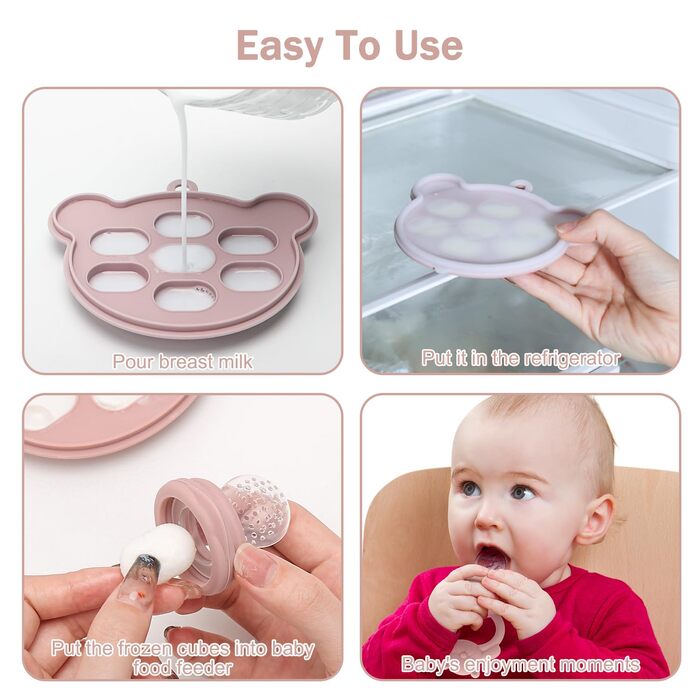Контейнер для зберігання дитячого харчування, фруктова пустушка, силіконовий дозатор для фруктової їжі, дитяче грудне молоко, прорізування зубів, морозиво, без BPA, підходить для безпечного самостійного годування 3-місячних дітей (Pink04)
