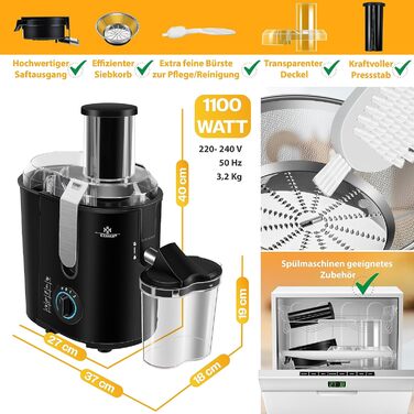 Соковижималка KESSER для фруктів та овочів з нержавіючої сталі 1100 Вт великий завантажувальний отвір 85 мм з щіткою для чищення та контейнером для соку 3 режими швидкості, соковижималка, сріблястий (чорний / сріблястий)