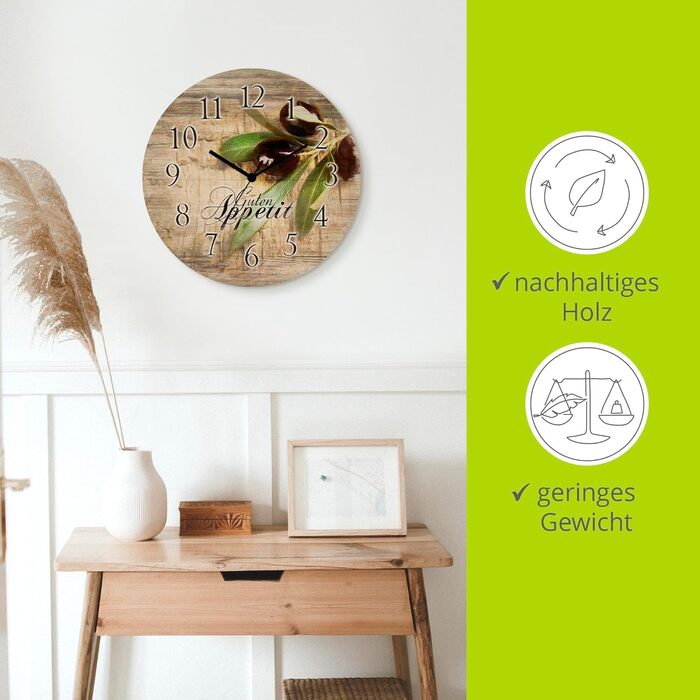 Настінний декор ARTLAND настінний годинник з дерева без цокання безшумний круглий Ø 30 см кухонний годинник кава капучино круасан T5XO Капучино та круасан (оливки, радіогодинник)