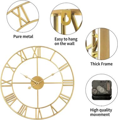 Великий вінтажний круглий металевий настінний годинник безшумний нецокаючий, що працює на батарейках, 40 см, 16 дюймів, римські цифри, годинники для вітальні, спальні, кухні, настінний годинник, прикраса (золотий, 60 см)