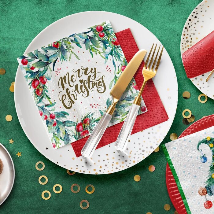 Серветки 3-шарові (33 x 33 см) I 20 шт. I Різнокольорові паперові серветки, ідеальні для різдвяного столу I Серветки - Різдво, зима, зірки, сніг, сніговики I (З Різдвом Христовим, квітковий принт)