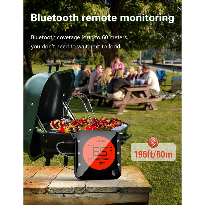 Термометр для барбекю BFOUR 100 м Bluetooth, беспроводной термометр для мяса с 4 зондами из нержавеющей стали BFOUR