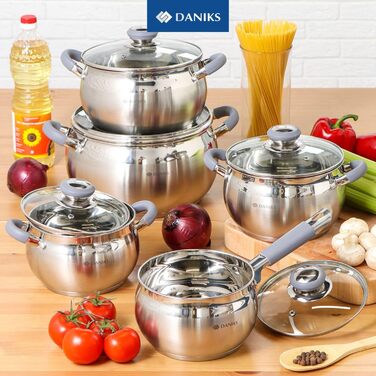 Набор из 3 кастрюль из нержавеющей стали со стеклянными крышками и силиконовыми ручками Modern Daniks