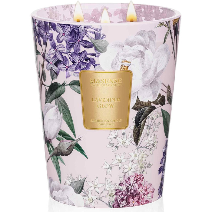 Ароматична свічка M&SENSE надзвичайно велика, час горіння 150 годин, натуральна ароматерапевтична свічка з 3 гнітами, сильний аромат, тривале горіння, подарункова свічка та прикраса для дому, подарунки для жінок (990 г, лаванда)