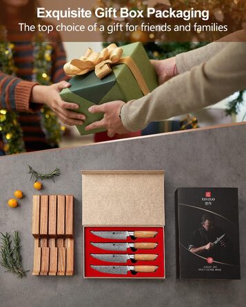 Набор из 4 ножей для стейка из дамасской стали 13 см с деревянным блоком XINZUO