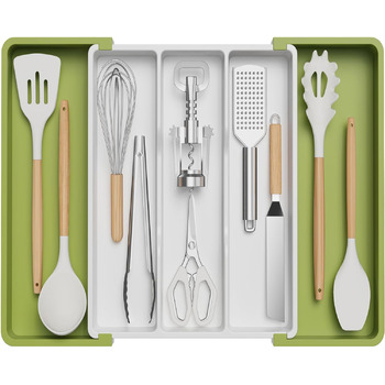 Органайзер для столових приборів 57 х 38 см для шухляд, 5 відділень, зелений і білий Lifewit