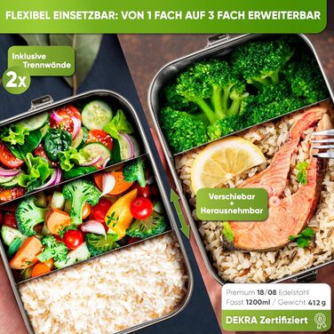 Коробка для обіду Blockhtte Premium із нержавіючої сталі I 1400 мл I Включає змінний ущільнювач і 2 розділювачі I Покращена коробка для обіду є герметичною та легко миється I Для дітей і дорослих (1200 мл)