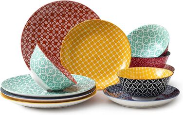 Набори керамічного посуду DOWAN, Набір посуду на 4 особи, Набори декоративних тарілок і мисок, Порцелянові салатні тарілки, Чашки та Супові миски для кухні, Набір подарункового посуду на новосілля (набір посуду з 12 предметів, 12 предметів)