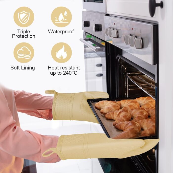 Набір рукавичок для духовки AUAUY, 1 пара силіконових рукавичок для духовки з 2 тримачами для каструль, нековзні кулінарні рукавички, термостійкі рукавички для духовки, рукавички для кухні, приготування їжі, випічки, гриля та барбекю (жовті)
