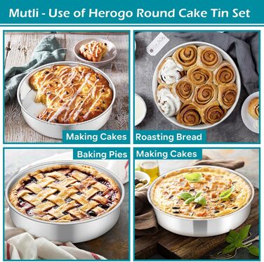 Большая форма для выпечки 20,3 см, нержавеющая сталь Herogo, круглая форма для выпечки, набор из 3 шт., слоеная форма для торта, формы для подноса на день рождения, глубина 5 см и бесшовный дизайн, прочный и пригодный для мытья в посудомоечной машине 20 с