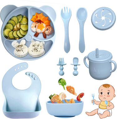 Силіконовий набір дитячого столового посуду Bizcasa з 9 предметів, нековзкий набір дитячого столового посуду, дитячий столовий посуд із присоскою, нековзна дитяча миска, дитяча тарілка, дитячий набір столових приборів для малюків, без бісфенолу А (синій)