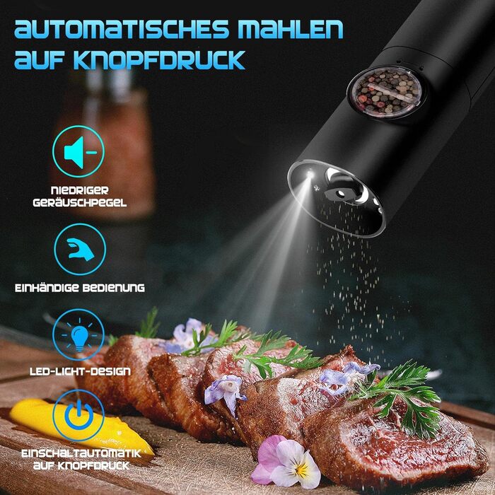 Млин для солі та перцю електричний із зарядною базою, 2 предмети, чорний MILFECH