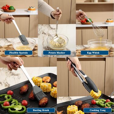 Набір кухонного начиння ReaNea з нержавіючої сталі, 26 предметів, міцний кухонний набір інструментів з гачками, набір металевих лопаток, міцне дзеркально-поліроване кухонне начиння для всіх кулінарних завдань