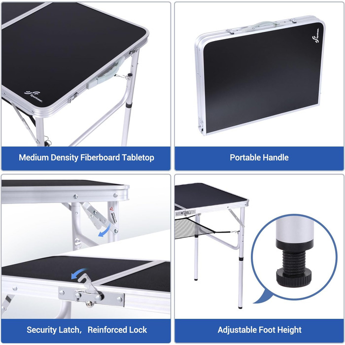 Складаний кемпінговий стіл з 2 рівнями висоти 90 х 60 см чорний Sportneer