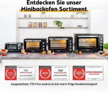 Міні-духівка 20 л 1380 Вт - Міні-духівка з плавним контролем температури до 230C - Міні-духівка з таймером на 60 хвилин, 3 рівнями висоти полиць, деком та решіткою для гриля - Для невеликих кухонь та кемпінгу