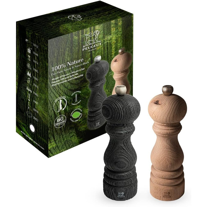 Подарочный набор Line - Мельница для перца Мельница для соли 12 см Воронка для специй - Классическая регулировка помола - Алюминий Сертифицированная PEFC древесина - Карбоновые краски (Paris Nature)