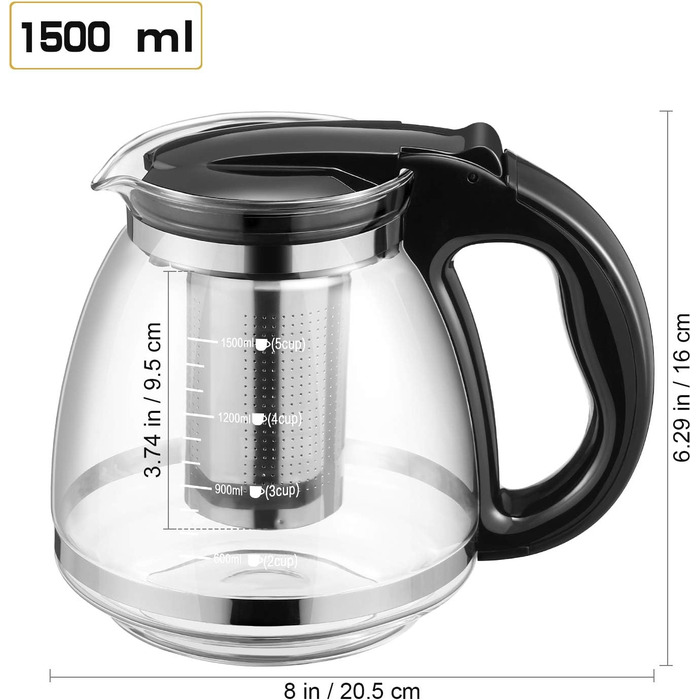 Чайник заварювальний скляний 1,5 л з фільтром для чаю OUNONA