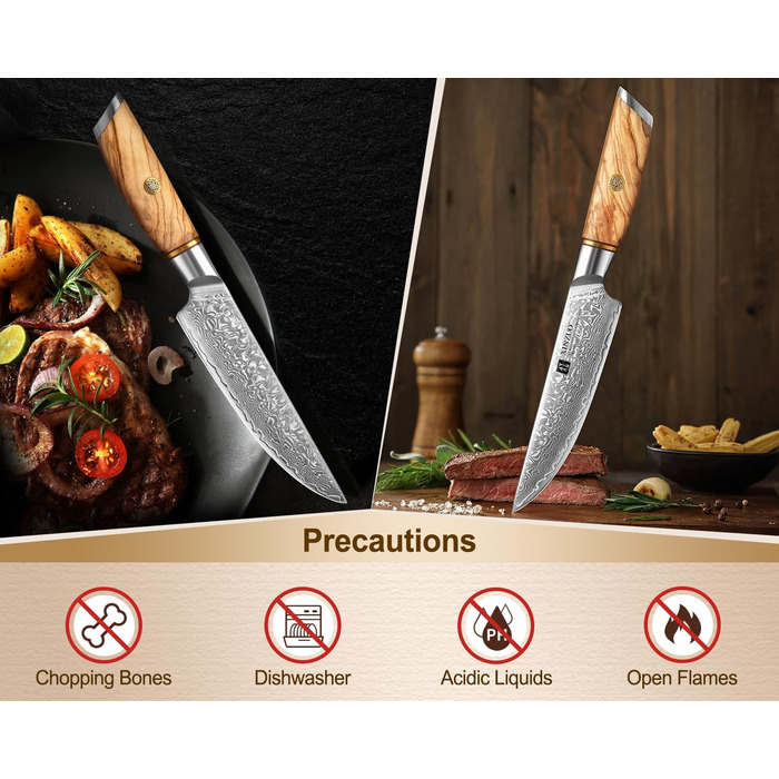 Набор из 4 ножей для стейка из дамасской стали 13 см с деревянным блоком XINZUO